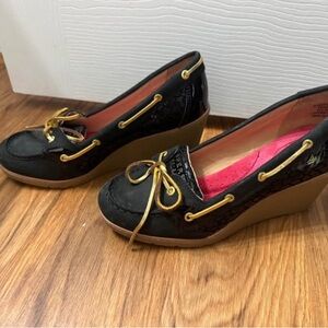 Sperry Black Wedges with Gold Accents